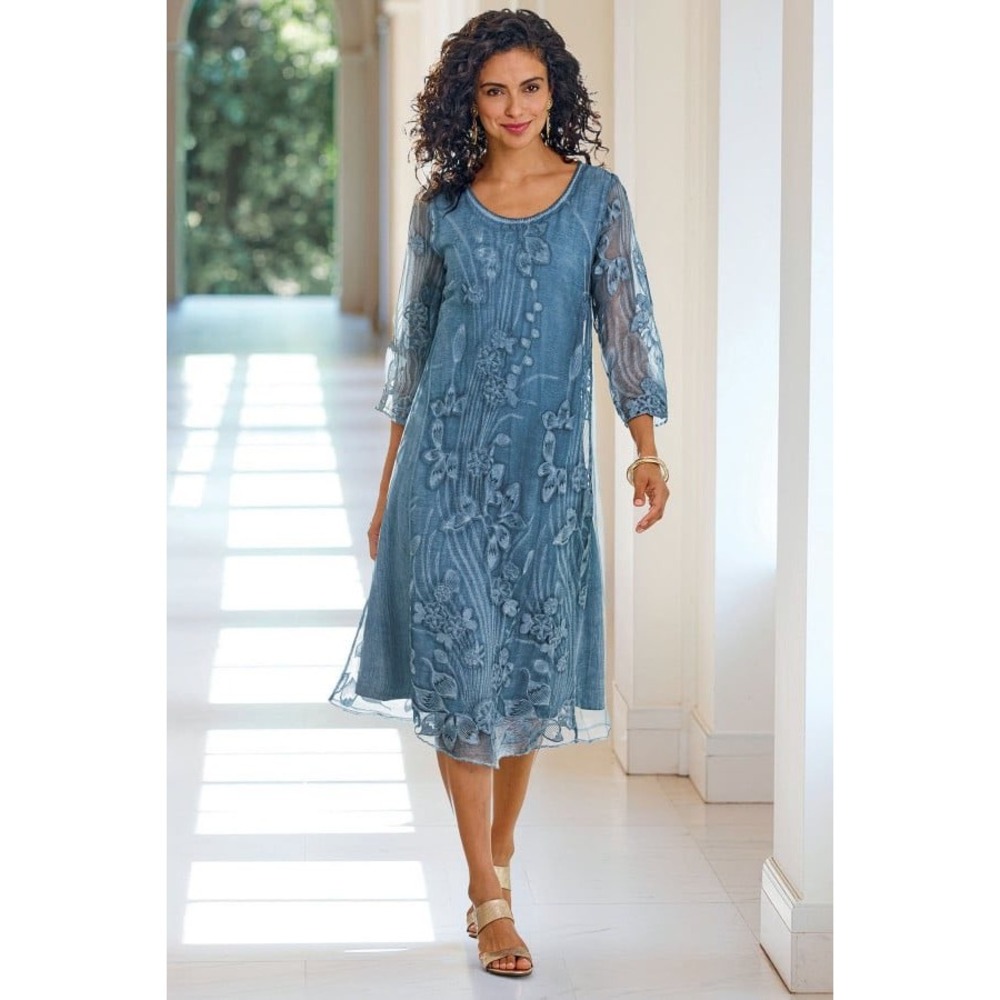 Soft Surroundings Blue Silk Embroidered Floral Mesh Overlay Shift Dress